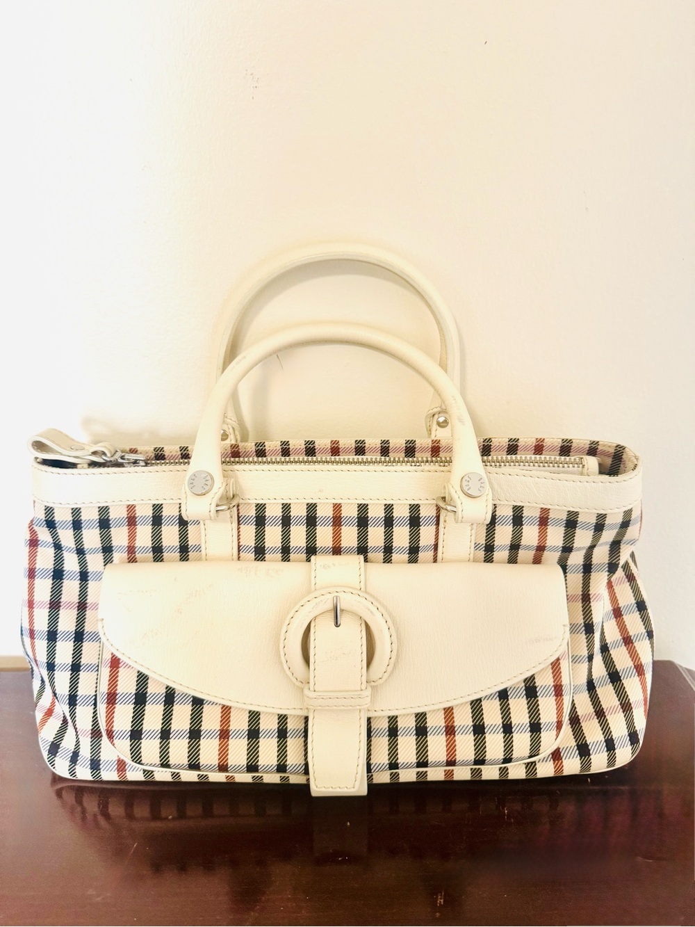DAKS London Classic Plaid Tote Handbag with Cream Leather Trim